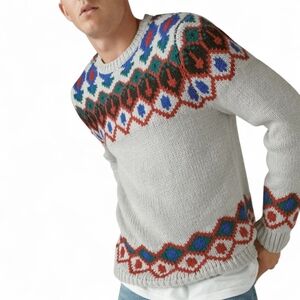 LUCKY BRAND Light Gray Fair Isle Wool‎ Blend Knit Pull-Over Sweater Men's Size L